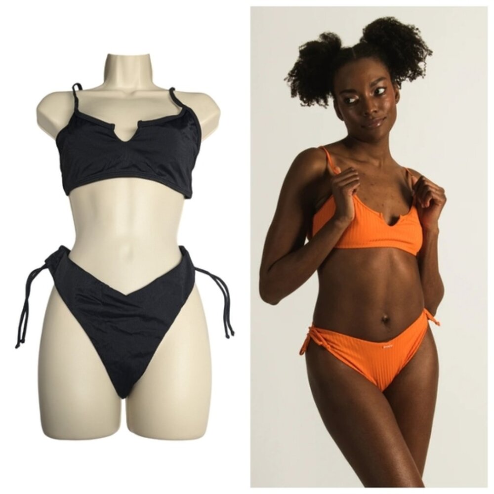 NWOT Skinny Dip Ribbed Black V-Shape Bikini Bottom/Notched Top Size L